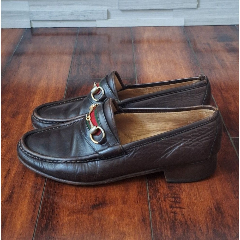 Gucci 80s Men’s Brown Leather 1953 Gold Horsebit Loafers Green Red Web 42 USA 9 - Picture 3 of 12